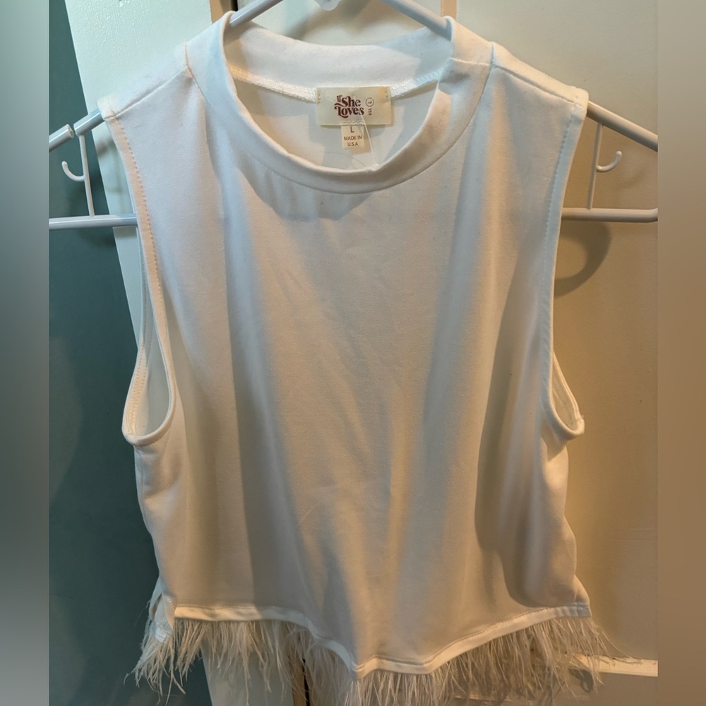 White Sleeveless Top with Feather Trim